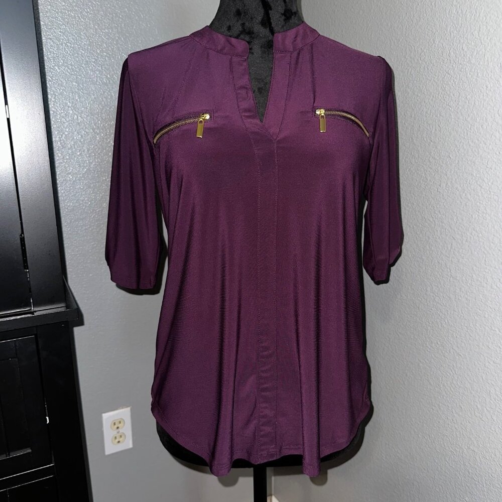 Blouse Medium Purple Half Sleeve V-Neck Minimalist Sophisticated Chic Capsule
